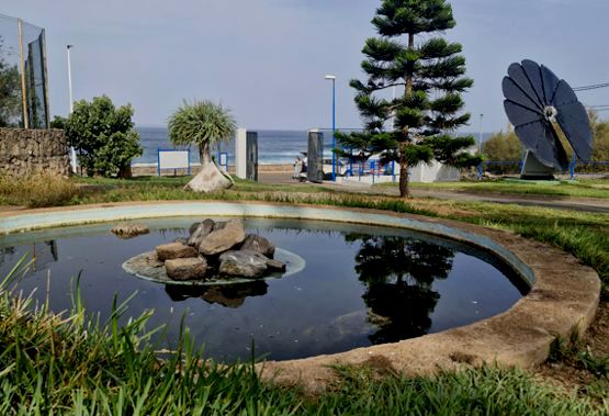 Vista de la Depuradora de Punta del Hidalgo. Charca de agua regenerada para suo de las aves, y Smartflower para genera energía limpia.